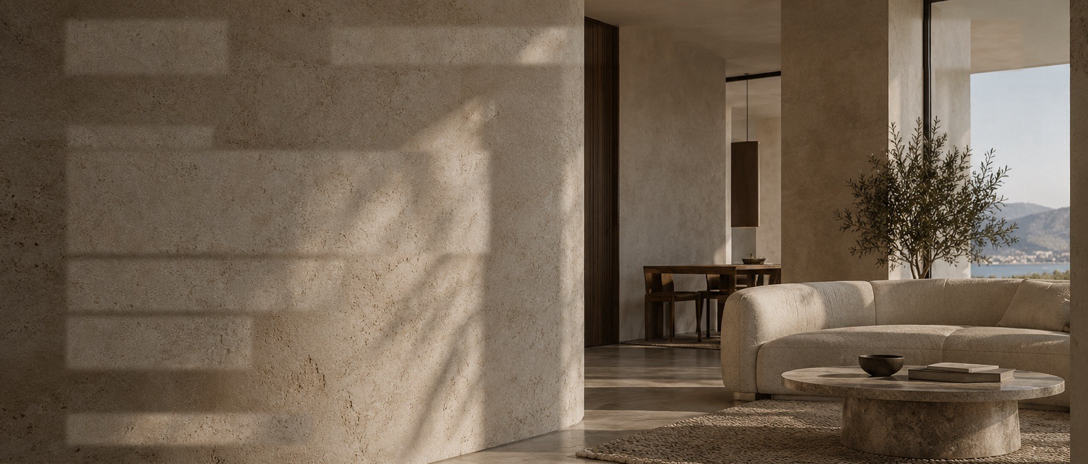 Warm living room with a textured Travertino wall, sofa and window view